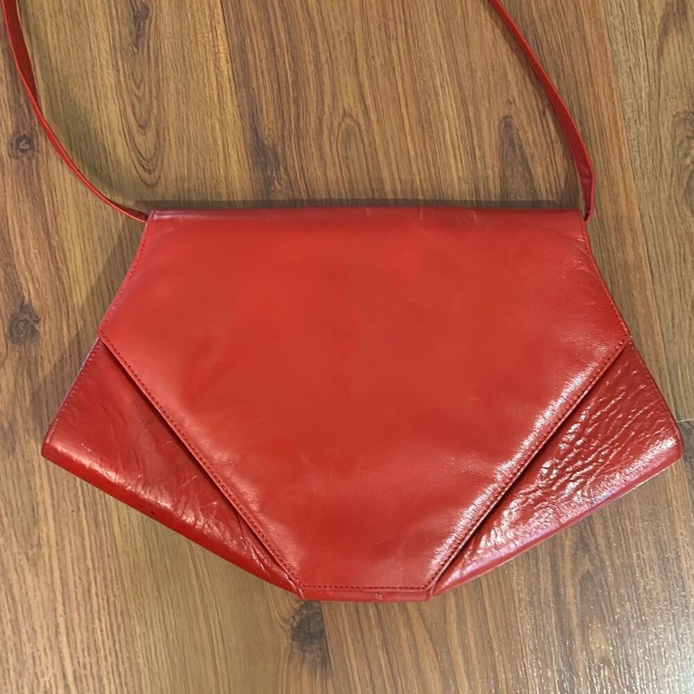 Vintage Charles Jourdan Paris red Leather crossbody long strap handbag 80s